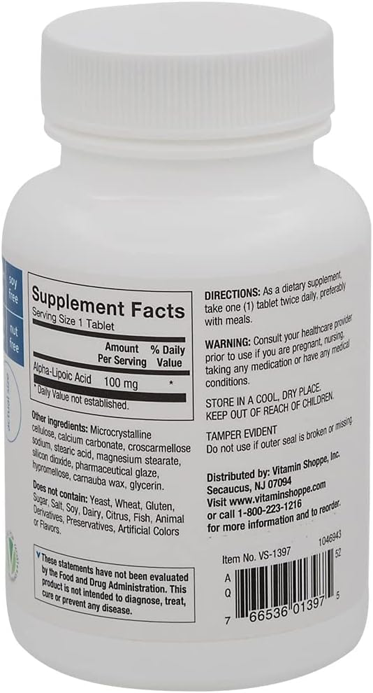The Vitamin Shoppe Alpha Lipoic Acid 100mg Natural Antioxidant for Cellular Energy Function (120 Capsules)