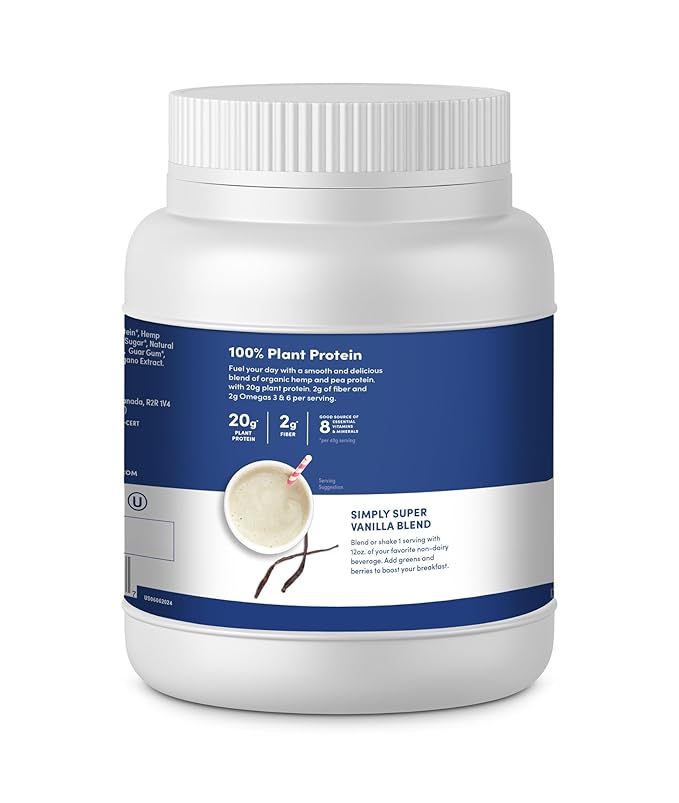 Manitoba Harvest Hemp Yeah Organic Plant-Based Protein Powder Vanilla 16oz 20g Complete Plant Protein (Hemp and Pea) 4g of Fiber &amp 1.9g Omegas 3&amp6 Per Serving Non-GMO Vegan Packaging Ma