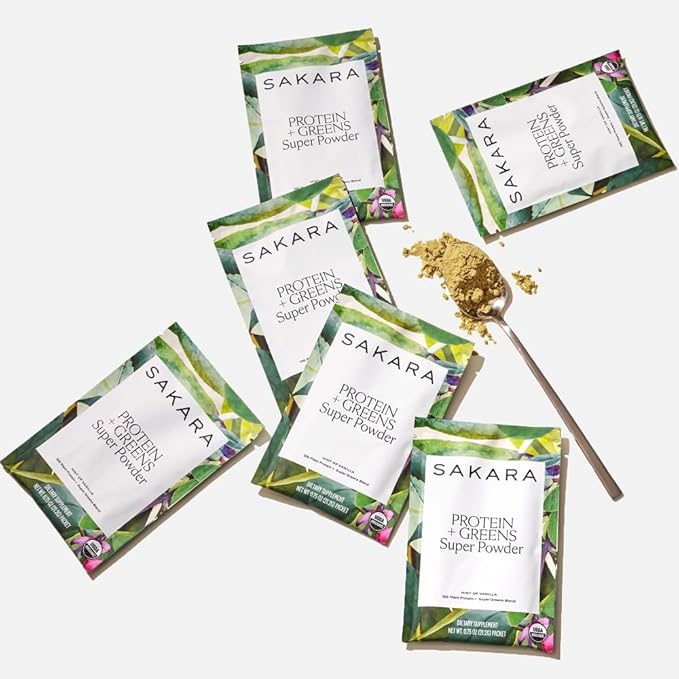 SAKARA Protein + Greens Super Powder – 30 Servings Organic Plant-Based Blend with Hemp Pumpkin Pea Protein Wheatgrass &amp Spirulina Vegan Superfood Drink Mix