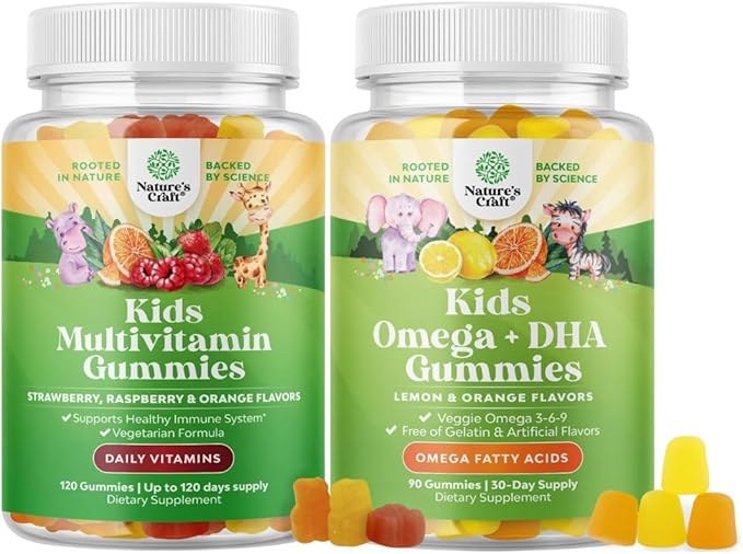 Bundle of Plant Based Kids Multivitamin Gummies with Vitamins A C D3 E B Zinc and DHA Omega 3 Gummies with Vegetarian 6 9 for Vision Brain Immunity Support Non-GMO Gluten Free Gelatin Free Supplement