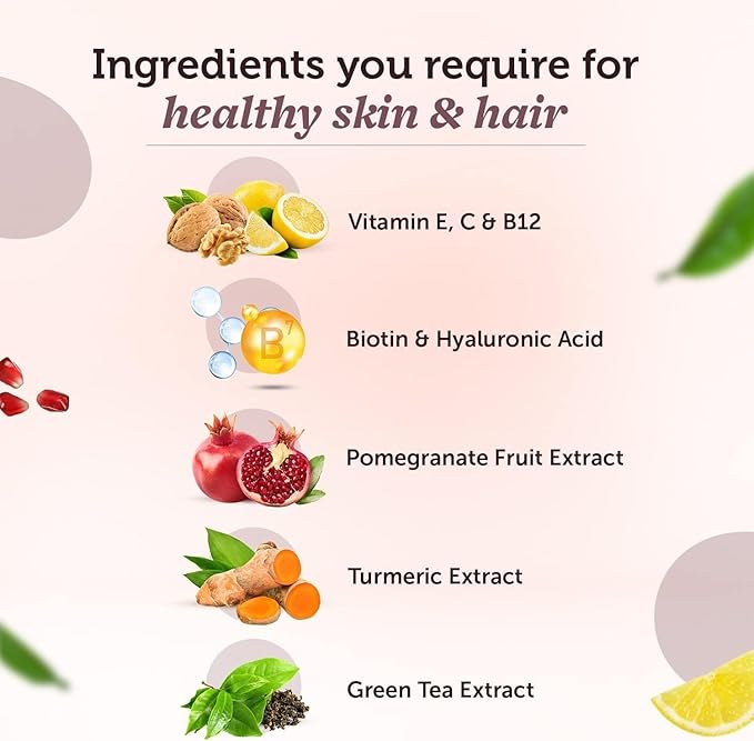 Hair Skin Vitamins Supplement with Hyaluronic Acid Biotin Keratin Booster for Hair Growth Turmeric Primrose Oil &amp Collagen Supporter- 60 Capsules for Men and Women