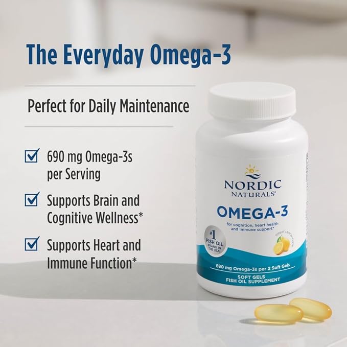 Nordic Naturals Omega-3 Lemon Flavor - 180 Soft Gels - 690 mg Omega-3 - Fish Oil - EPA &amp DHA - Immune Support Brain &amp Heart Health Optimal Wellness - Non-GMO - 90 Servings