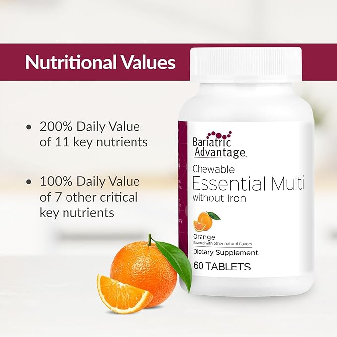 Bariatric Advantage Chewable Essential Multivitamin Without Iron - 200 DV of Key Nutrients - Trace Mineral Support* - Multivitamins for Bariatric Patients - Orange - 60 Count