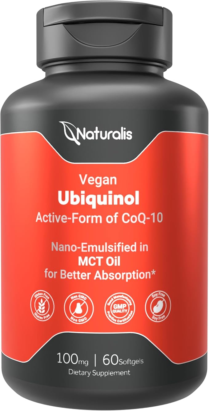 Naturalis Ubiquinol 100mg Active CoQ-10 Emulsified in MCT Oil for Better Absorption | Gluten Free Non-GMO &amp Soy-Free | Cardiovascular Wellness Antioxidant Protection and Healthy Skin* | 60 Soft