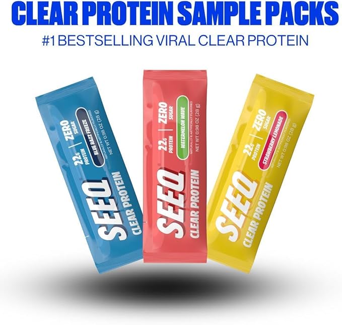 SEEQ Clear Protein Powder - 22g Whey Isolate Per Serving - 9 Count Variety Pack - On-The-Go Sticks - Blue Razz Freeze Strawberry Lemonade Watermelon Wave