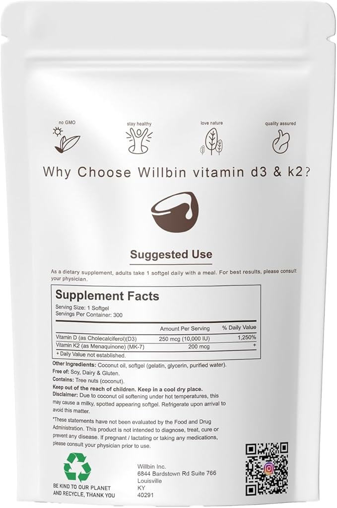 300 Pcs 2 in 1 Vitamin D3 10000 iu Plus K2 (MK-7) 200 mcg Coconut Oil Softgels with Vitamins D &amp K Supports Bone Heart &amp Immune Health - Easy to Swallow &amp Non-GMO