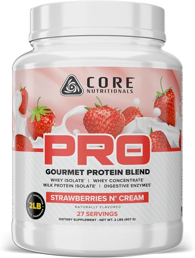 Core Nutritionals PRO Gourmet Protein Blend | Whey Protein Blend | with MCTs &amp Digestive Enzymes | Sustained Release Protein &amp Recovery Support |27 Servings (Strawberries N' Cream)