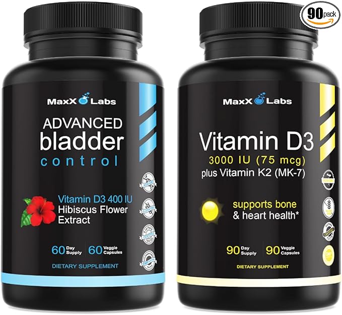 Advanced Bladder Control Supplements for Women &amp Men 60Ct + Vitamin D3 K2 3000 IU with Vitamin K as MK-7 from Natto Support Healthy Bones Teeth Heart &amp Immune Function 90Ct