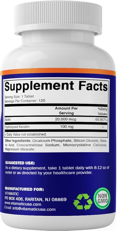 Vitamatic High Potency Biotin 20000 mcg (20mg) with Keratin 100mg - 120 Vegetarian Tablets - Biotin Supplements for Healthy Hair Skin &amp Nails for Adults (120 Count (Pack of 2))