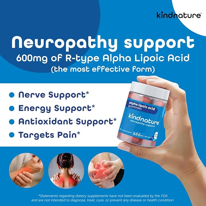 kindnature Alpha Lipoic Acid Gummies 600mg - Neuropathy Supplements - Vegan Sugar-Free Low Calorie 600 mg ALA Supplement - Pure ALA Alpha Lipoic Acid for Antioxidant Nutritional Supplements