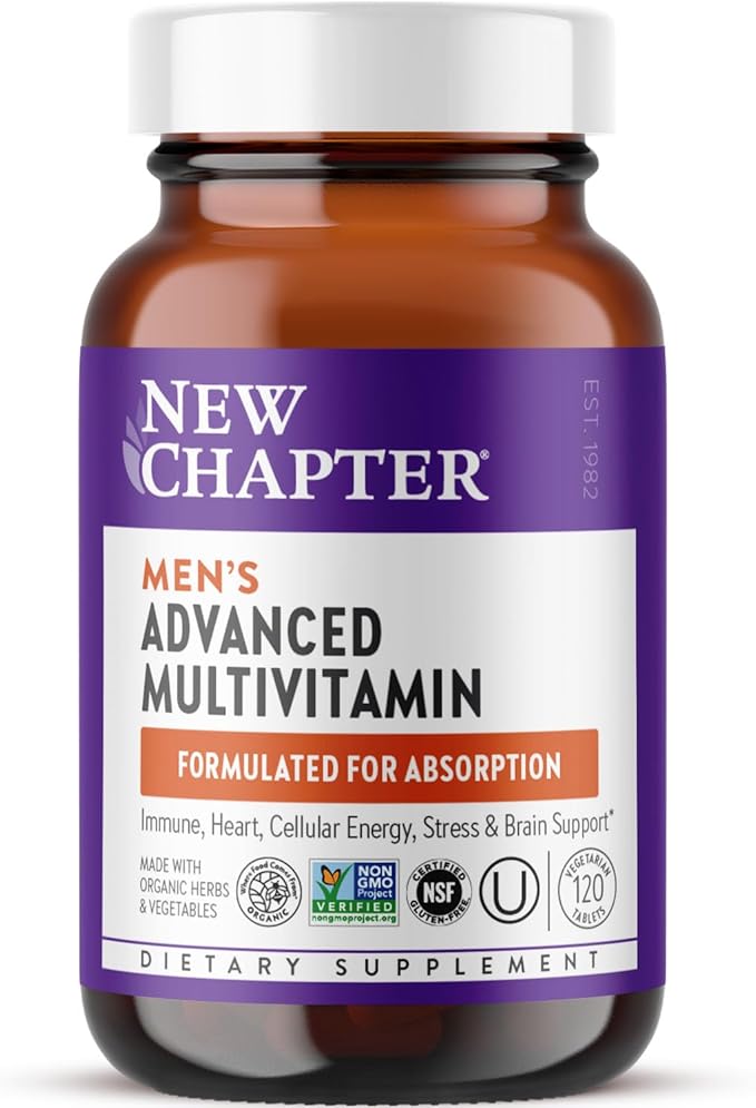 New Chapter Men's Multivitamin Advanced Formula for Stress Brain Immune Heart &amp Energy Support Higher Levels of Whole-Food Fermented Essential Nutrients for Men + Selenium + B Vitamins 120 ct