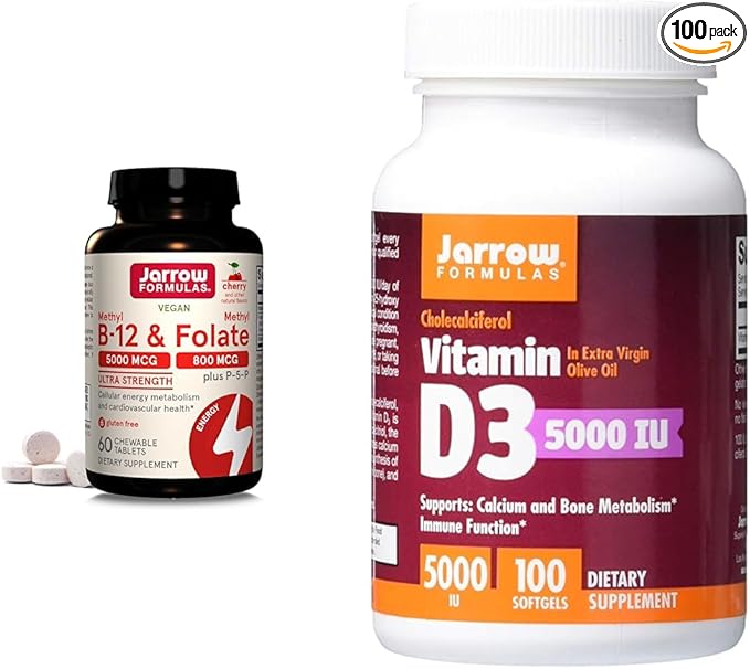 Jarrow Formulas Ultra Strength Methyl B-12 5000 mcg &amp Methyl Folate 800 mcg + P-5-P &amp Vitamin D3 125 mcg (5000 IU) - 100 Servings (Softgels)