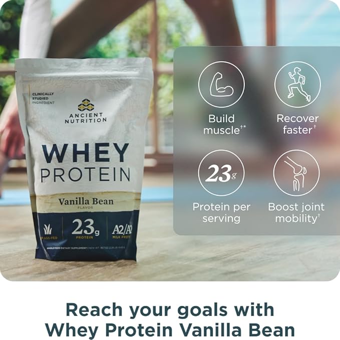 Ancient Nutrition Grass-fed Whey Protein Powder Vanilla Bean 35 Servings + Grass-fed Whey Protein Powder Milk Chocolate 20 Servings