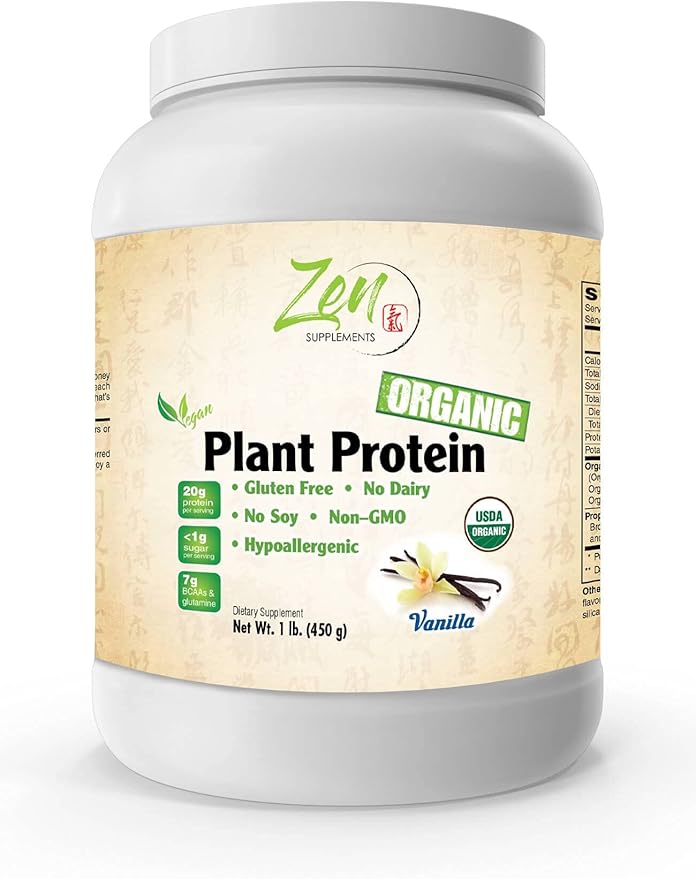 Zen Supplements - Organic Plant Protein Vanilla 1 LB-Powder - 25.5g of Organic Protein per Serving - Certified Non-GMO Gluten Free and Vegan-Friendly Organic Protein Powder.