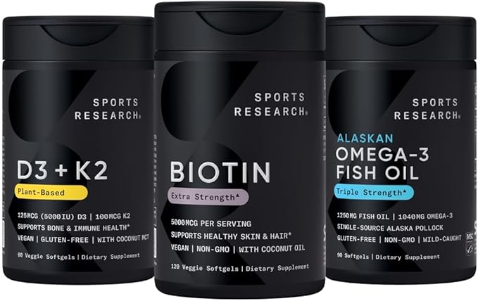 Sports Research® Healthy Hair Pack - Biotin 5000mcg with Organic Coconut Oil + Vegan Vitamin D 5000iu &amp Mk7 Vitamin K 100mcg + Omega-3 Fish Oil 1250