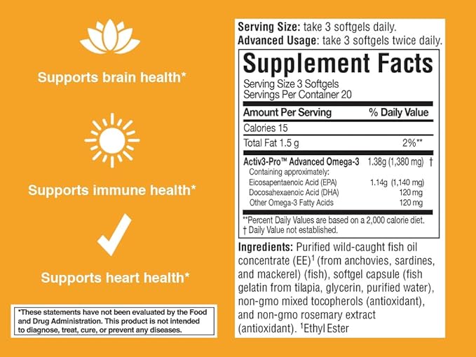 7010MD Advanced Omega-3 Formula 92% Omega-3 with 1140 mg of EPA per serving promoting Positive Mood Brain Health Immune Health Heart Health and Joint Health- 60 Count