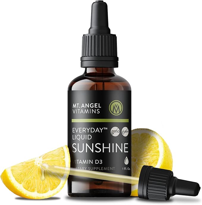Mt. Angel Vitamins Everyday Liquid Sunshine - Liquid Vitamin D Drops - Easy-to-Use Vitamin D3 Drops with Natural Lemon Flavor (Non-GMO Vegan Soy-Free Gluten-Free) Made in The USA -1400 serv/Bottle