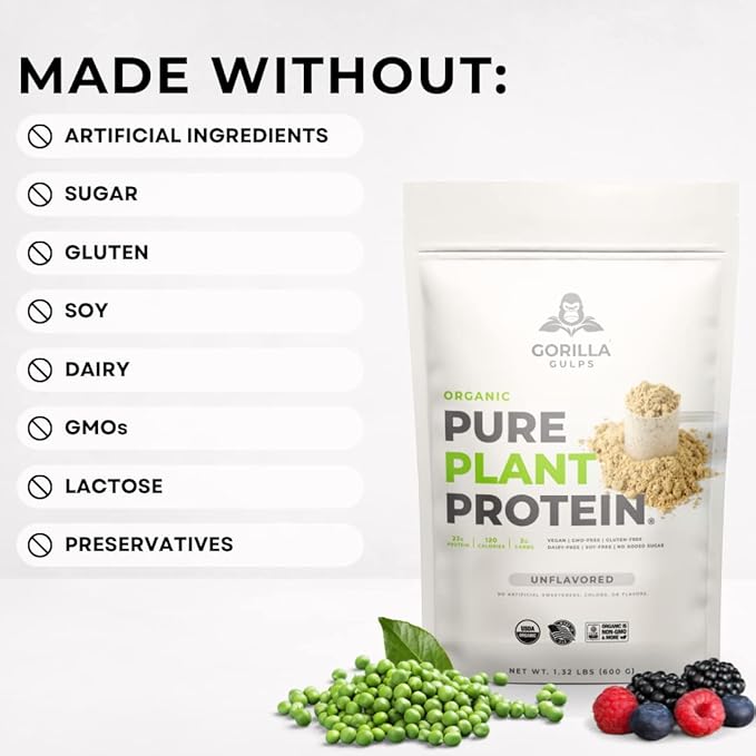 Gorilla Gulps 100% Organic Pure Plant Protein Powder | USDA Certified | Organic Protein Powder | Vegan | Non-GMO | Sugar Soy Dairy &amp Gluten Free | 20 Servings - Unflavored