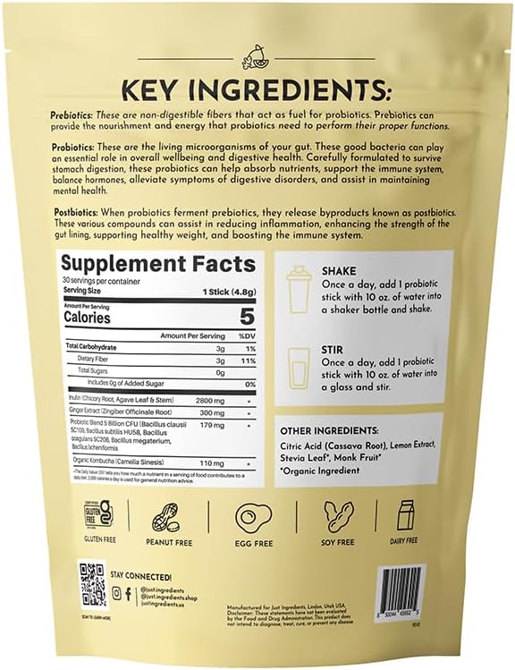 JUST INGREDIENTS Lemon Ginger Probiotic Complex - Prebiotics Probiotics Postbiotics - 30 Sticks