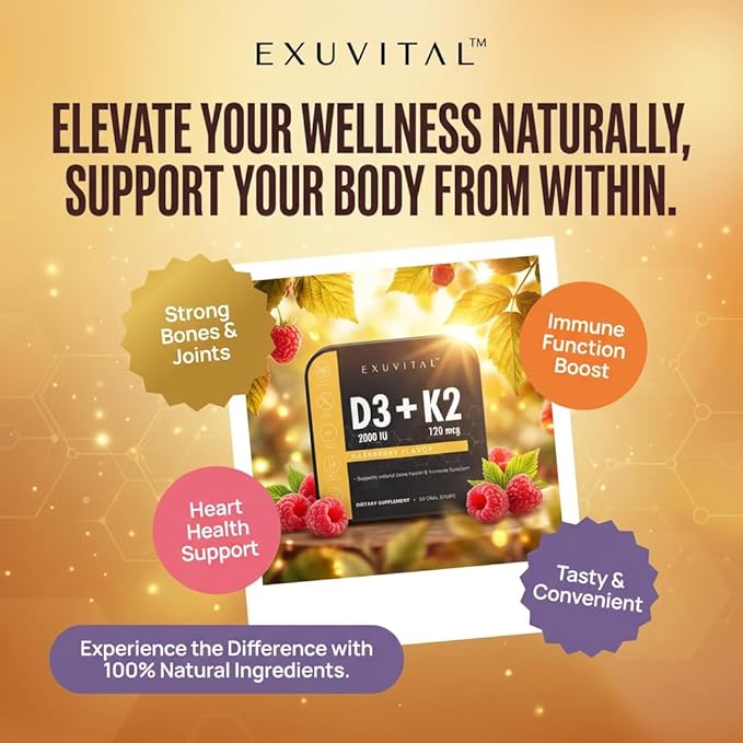 Vitamin D3 + K2 Oral Strips – 30 Count | 100% Natural Gluten‑Free | Immunity Support &amp Bone Health | Fast‑Dissolving Raspberry Strips for Daily Wellness