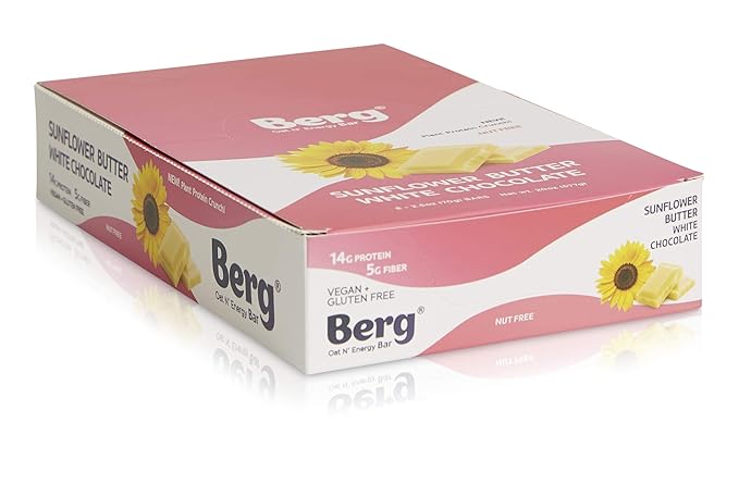 Berg Oat N' Energy Bar | Sunflower Butter White Chocolate | Plant Based Protein Bar | Non-GMO Gluten Free Nut Free and Vegan | Low Sugar Healthy Snack Bar | High Fiber | On The Go | 2.5oz (8 Packs)