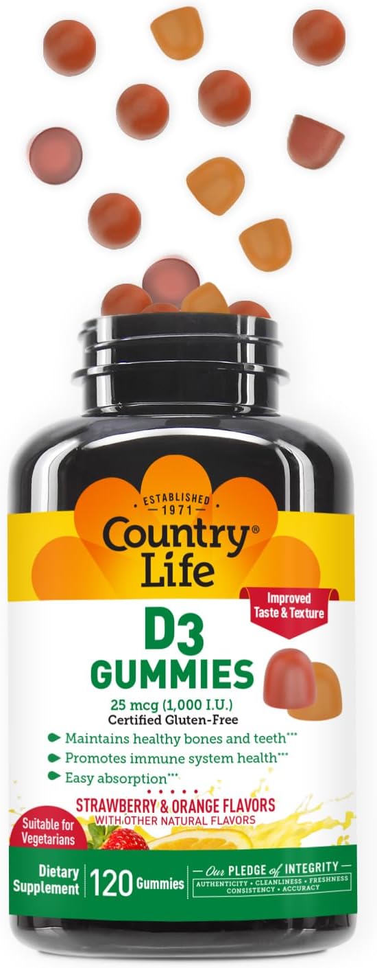 Country Life Strawberry &amp Orange D3 Gummies 120 CT