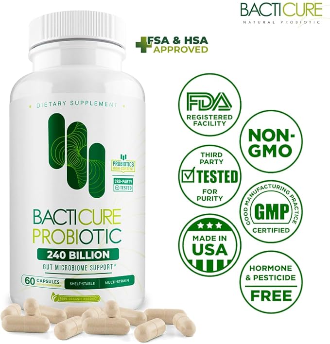 Bacticure Probiotic 240 Capsules | Probiotics Supplement w/High CFU Formula for Men &amp Women | Prebiotics &amp Digestive Enzymes for Digestion &amp Gut Health Vaginal Health Colon Cleanse Immu