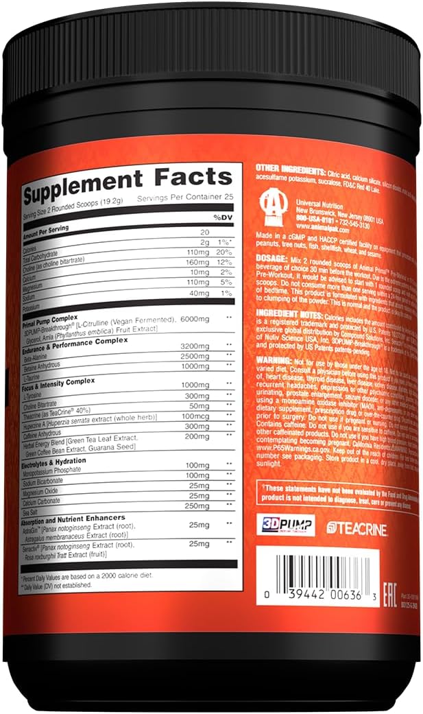Animal Primal Muscle Hydration + Preworkout Powder – Contains Beta Alanine 3DPump Caffeine &amp Electrolytes – Improves Energy Focus Endurance &amp Absorption – New Dragon Berry Flavor 16.9 oz