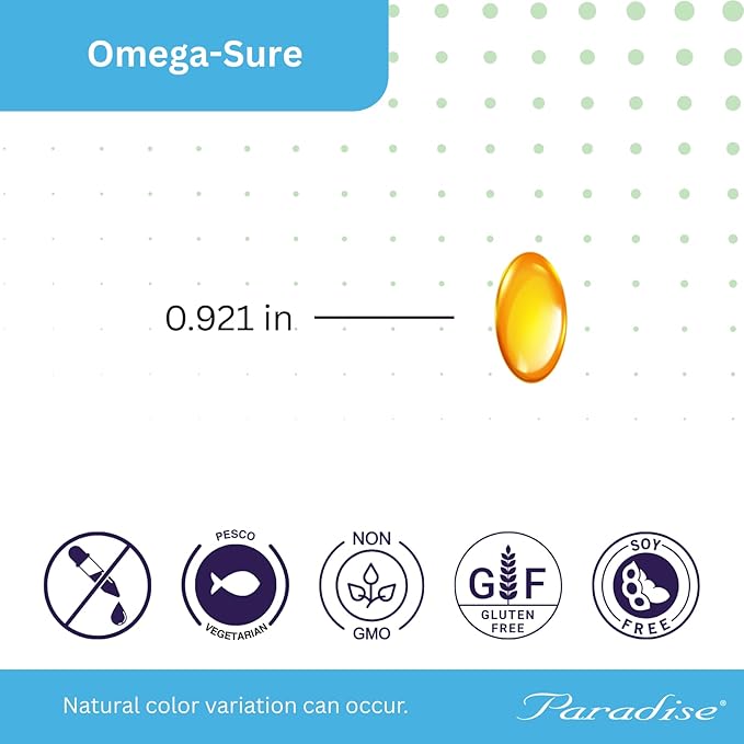 Paradise Herbs Omega-Sure Omega-3 Concentrate Premium Fish Oil DHA EPA Vegan Non GMO Gluten Free 120 Count Vegetarian Softgels