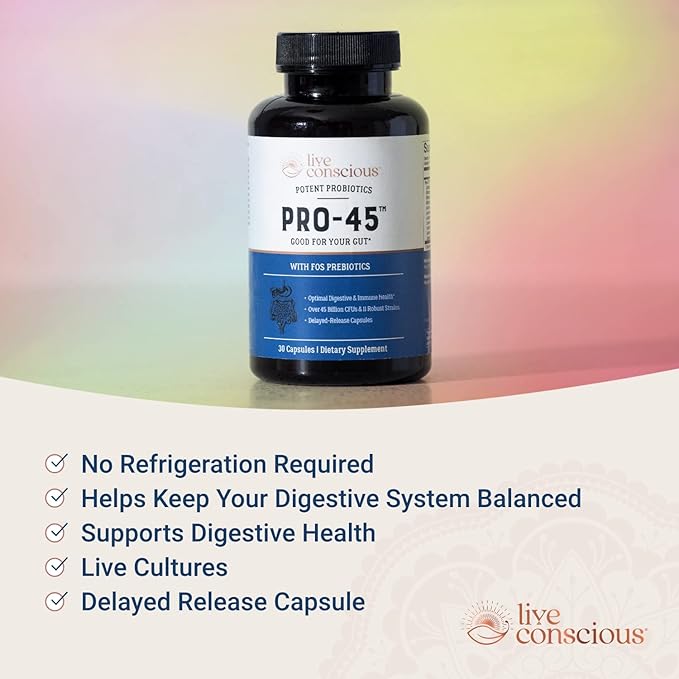 Live Conscious PRO45: Probiotic Formula 45 Billion CFU 11 Comprehensive strains. Dairy Free. Delayed Release Veggie caps. Promotes Immune and Digestive Health. 60 Capsules (2-Pack)