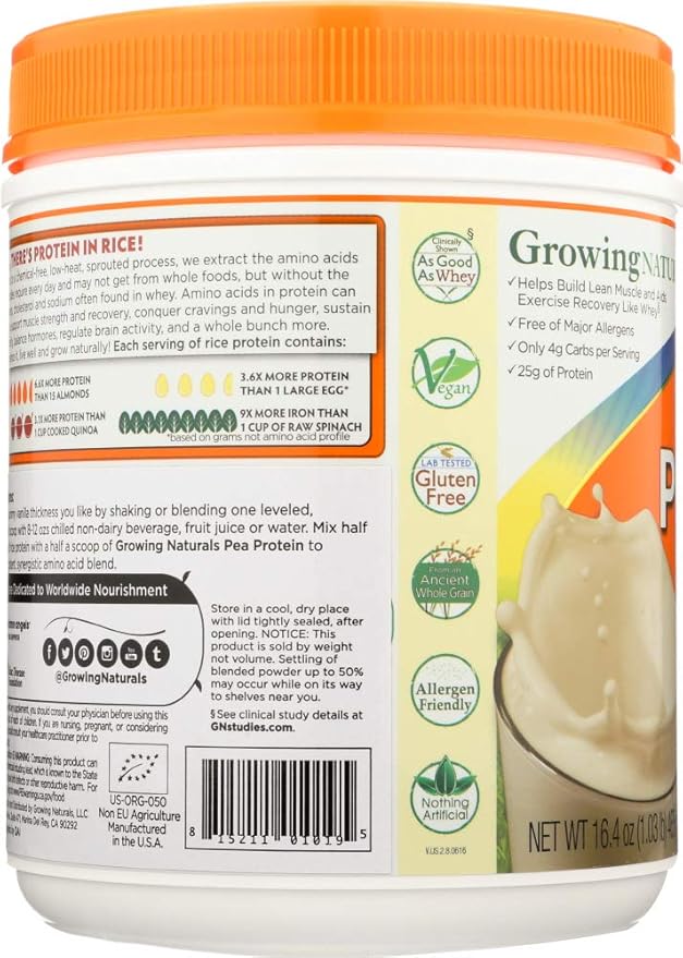 Growing Naturals Organic Rice Protein Vanilla Blast -- 1 lb by Growing Naturals