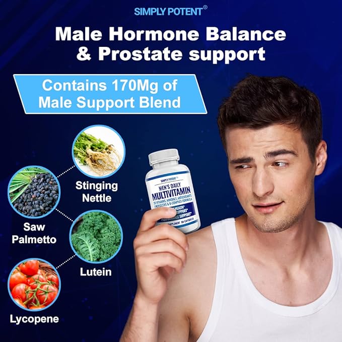 Simply Potent Daily Multivitamin for Men 35 Vitamins with Minerals &amp Antioxidant Vitamins A C D E Biotin B12 Folate Zinc Magnesium &amp Saw Palmetto for Energy Focus Immune &amp Prostate He