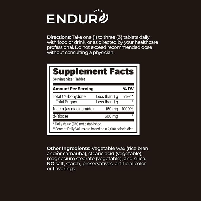 ENDUR-RIAGEV - Ribose + B3 - SR (Sustained Release) 600 mg - Riboside (NR) - NAD+ Booster Niacinamide &amp Ribose for Cellular Energy &amp Healthy Aging Support - Optimal 5–7 HR Absorption - 90 Tab