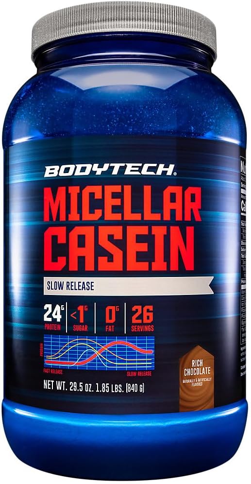 BodyTech Micellar Casein Protein Powder - Slow-Release for Overnight Muscle Recovery - 24g Protein per Serving - Rich Chocolate (2 lb)