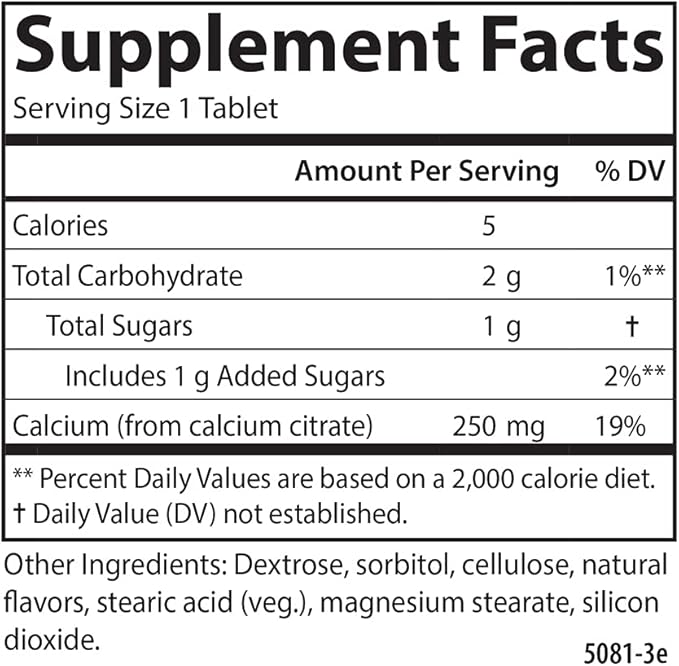 Carlson - Chewable Calcium Citrate 250 mg Highly Absorbable Bone Support Healthy Teeth &amp Optimal Wellness Natural Vanilla Flavor 120 Tablets