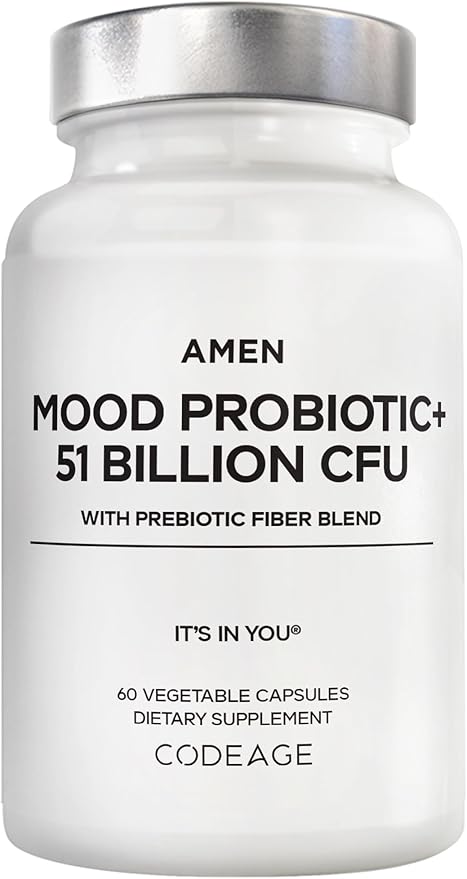Amen Mood Probiotic Supplement 51 Billion CFU - Organic Prebiotics and Probiotics - Acidophilus Probiotic Pills Fibers - Mood Organic Ashwagandha Blueberries - Vegan &amp Non-GMO - 60 Capsules