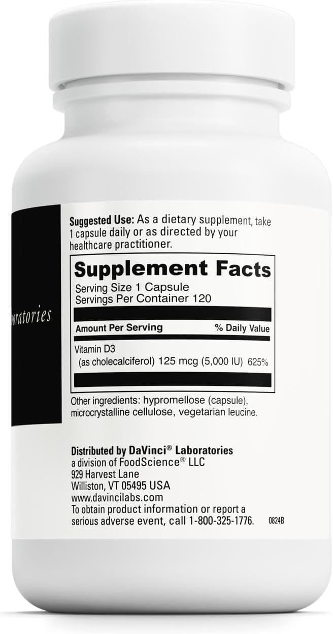 DAVINCI Labs Vitamin D3 5000 IU - Dietary Supplement to Support Healthy Teeth and Bones Cardiovascular Function and Immune Health* - with 5000 IU per Serving - Gluten-Free - 120 Capsules