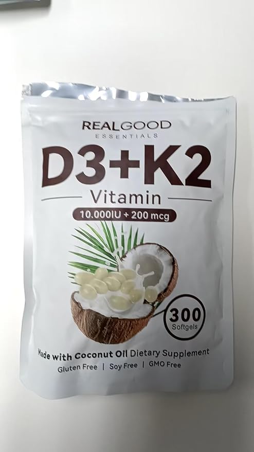 wuliao Real Good Essentials Vitamin D3 K2 10000 iu – 2-in-1 D&ampK Complex Supports Calcium Absorption Immune Health – 300 Softgels (1 Pack)