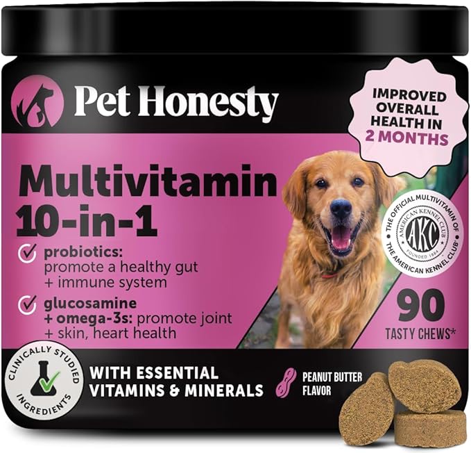 10-in-1 Dog Multivitamin Supplement with Glucosamine &amp Probiotics - Hip &amp Joint Support Digestive Health Immune Support Heart &amp Skin - All-in-One Daily Vitamins &amp Omega-3s (Peanut B