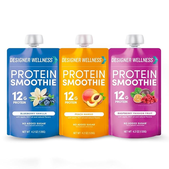 Designer Wellness Protein Smoothie Real Fruit 12g Protein Low Carb Zero Added Sugar Gluten-Free Non-GMO No Artificial Colors or Flavors Super Fruits Variety Pack 12 Count