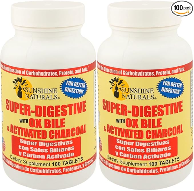Sunshine Naturals Super Digestive Supplement. Ox Bile &amp Activated Charcoal for Digestive Support Bloating Relief Gut Cleanse Nutrient Absorption and Overall Wellness. 100 Tablets. Pack of 2