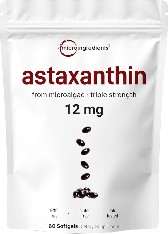 Micro Ingredients Astaxanthin 12mg with MCT Oil 60 Softgels | Fresh Microalgae Source | Triple Strength Easy to Swallow Non-GMO Gluten Free Soy Free