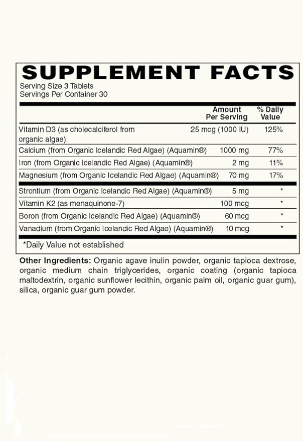 Plant Calcium | 1000mg Certified Organic Whole Food Calcium from Organic Icelandic Red Algae with Vitamin D3 Vitamin K2 and Magnesium | 72 Trace Minerals | 90 Vegan Tablets