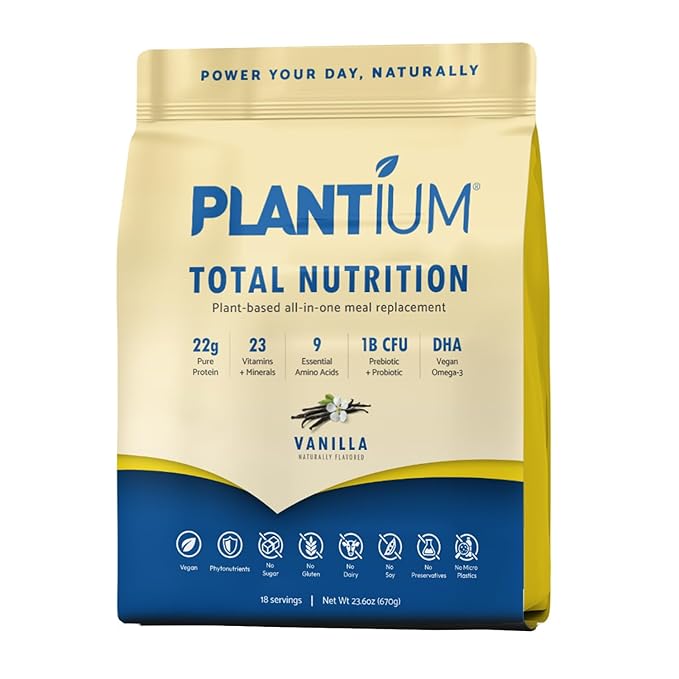 Plantium Total Nutrition Premium All-in-One Meal Replacement Shake Plant-Based Protein Powder with Vitamins Minerals &amp Probiotics 22g Protein per Serving Vanilla