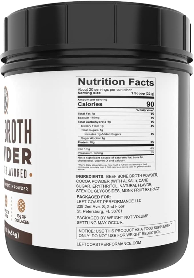 Chocolate Bone Broth Protein Powder - 100% Grass Fed Beef Bone Broth with 16g Protein &amp 13g Collagen per Serving - Great for Shakes &amp Hot Chocolate - Keto Friendly Low Carb &amp Non-GMO (1lb
