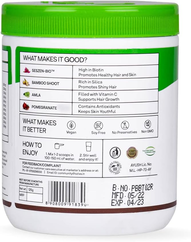OZiva Plant Based Biotin Powder 10000Mcg+ With Amla For Men &amp Women Better Hair Growth Hairfall Control &amp Healthier Skin Certified Clean &amp Vegan 125 Gm