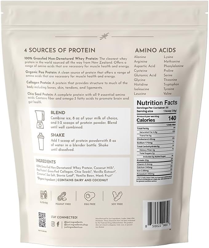 JUST INGREDIENTS Vanilla Bean Protein Powder – 30-Serving Blend with 100% Grass-Fed Whey &amp Organic Plant Proteins – Real Vanilla Bean &amp Cinnamon – Supports Muscle Recovery Energy*