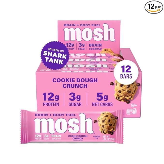 MOSH Cookie Dough Crunch Keto Protein Bars High Fiber Low Carb Gluten Free High Protein Brain Healthy Snack 12 Count