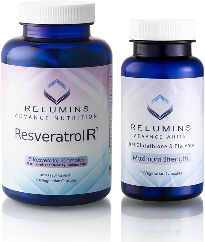 Relumins Advanced White Bundle – L-Glutathione 800mg with Vitamin C (60 Capsules) + R3 Resveratrol Complex (120 Capsules) – Supplement for Skin Clarity and Wellness Support