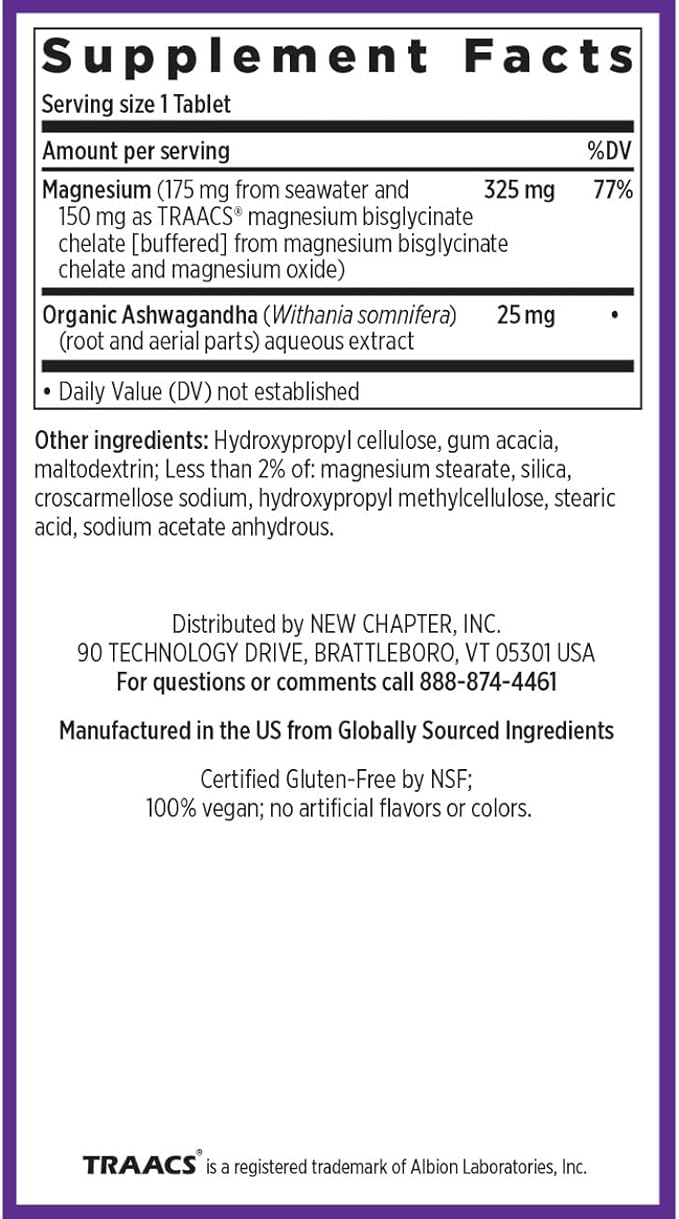 New Chapter Magnesium + Ashwagandha Supplement 325 mg with Magnesium Glycinate for Muscle Relaxation &amp Recovery Heart Nerve &amp Bone Health 2.5X AbsorptionNon-GMO-90 ct (3 Month Supply)(Pa